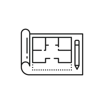 Interior design, home project and house architecture plan line icon. Apartments interior design and architect project development icon of blueprint and pencil for reals estate planning vector
