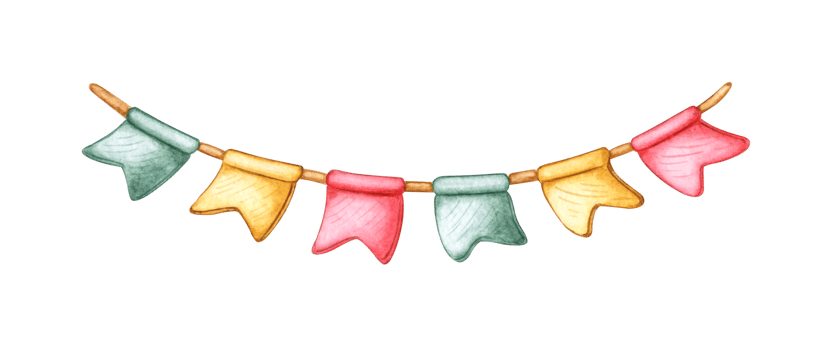 Watercolor illustration of bright flags in yellow, red and green colors, garland decoration on a rope. Isolated from background for universal use in greetings, invitations, decor and advertising. png