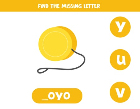 Find missing letter with cartoon yo yo. Spelling worksheet. vector