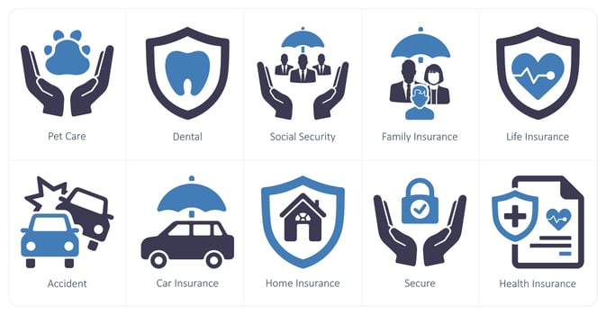 A set of 10 insurance icons as pet care, dental, social security vector