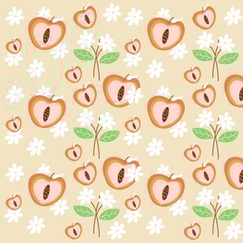 Hand drawn peach and white flowers pattern. Peach fruit pattern. Fruit Background. Pattern for fabric vector