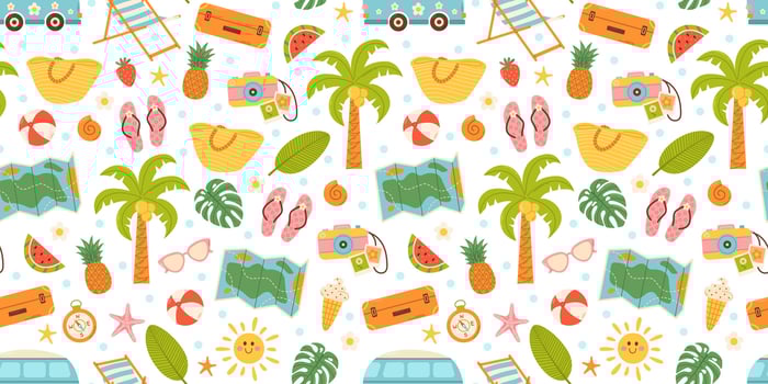 Cute summer beach elements. Vacation accessories for sea holidays. Hand drawn seamless pattern vector