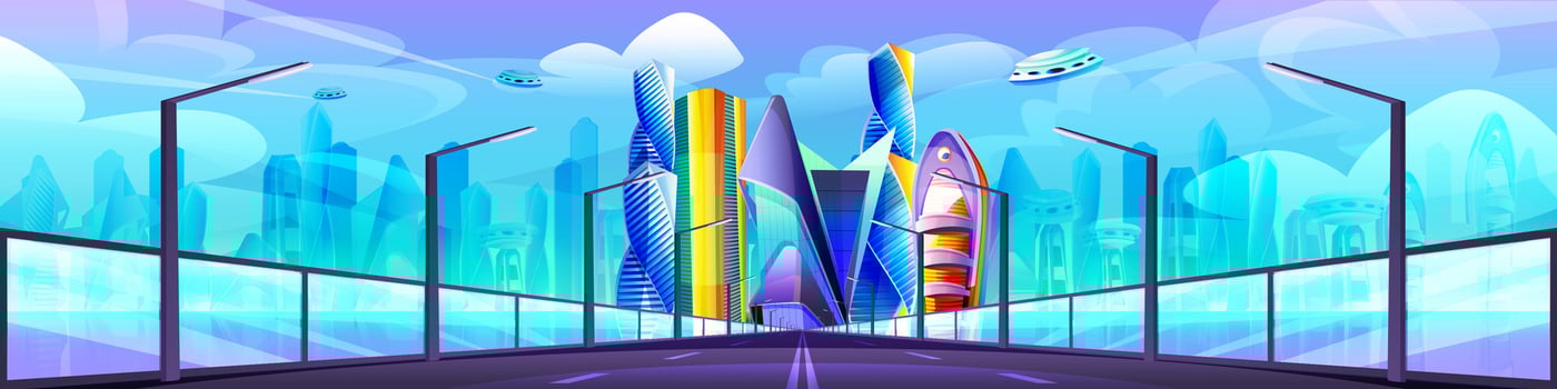 Futuristic cityscape with unusual glass buildings and road. Modern architecture towers and skyscrapers. Future city with highway, flying town parts. Cartoon alien urban landscape design. vector