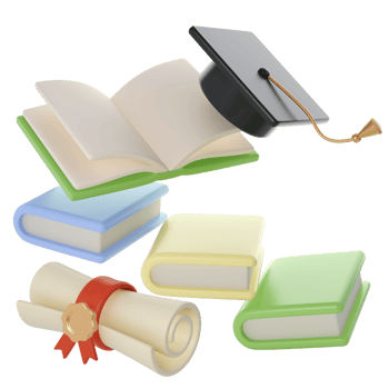 3D flying Books, Diploma scroll and university or college black cap graduate Icon. Render Education or Business Literature. E-book, Encyclopedia, Textbook Illustration png