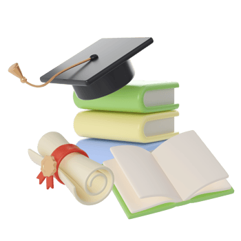 3D Stack of Books, Diploma scroll and university or college black cap graduate Icon. Render Education or Business Literature. E-book, Encyclopedia, Textbook Illustration png