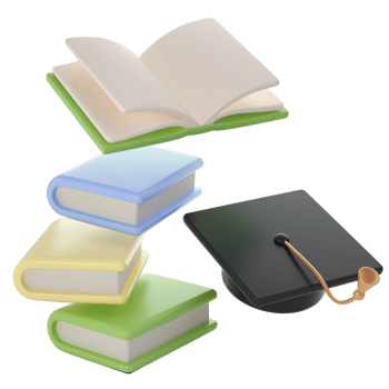 3D flying Books and university or college black cap graduate Icon. Render Education or Business Literature. E-book, Encyclopedia, Textbook Illustration png