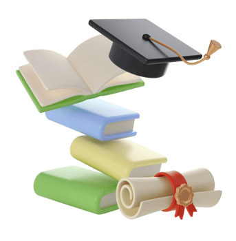3D flying Books, Diploma scroll and university or college black cap graduate Icon. Render Education or Business Literature. E-book, Encyclopedia, Textbook Illustration png