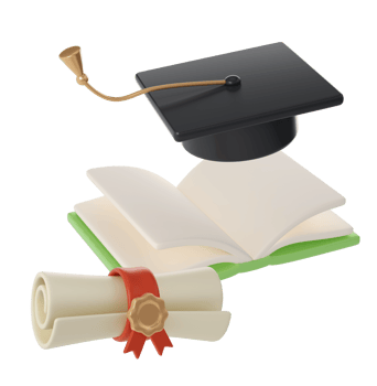 3D flying open Book, Diploma scroll and university or college black cap graduate Icon. Render Education or Business Literature. E-book, Encyclopedia, Textbook Illustration png