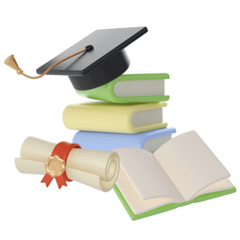 3D Stack of Books, Diploma scroll and university or college black cap graduate Icon. Render Education or Business Literature. E-book, Encyclopedia, Textbook Illustration png