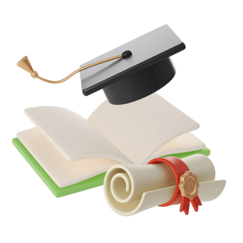 3D flying open Book, Diploma scroll and university or college black cap graduate Icon. Render Education or Business Literature. E-book, Encyclopedia, Textbook Illustration png
