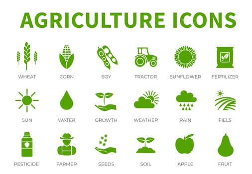 Agriculture Icon Set of Wheat, Corn, Soy, Tractor, Sunflower, Fertilizer, Sun, Water, Growth, Weather, Rain, Fields, Pesticide, Farmer Seeds, Soil, Apple, Fruit Icons. vector