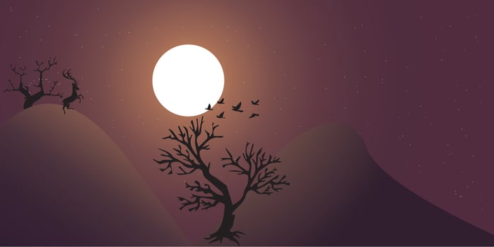 Spooky night background with full moon, clouds, bats, bare trees silhouettes and dark blue sky. vector