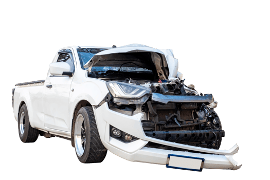 Car crash, Front and Side view of white pickup car get hard damaged by accident on the road. damaged cars after collision. isolated on transparent background, File png