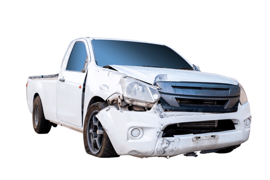 Car crash, Front and Side view of white pickup car get hard damaged by accident on the road. damaged cars after collision. isolated on transparent background, File png