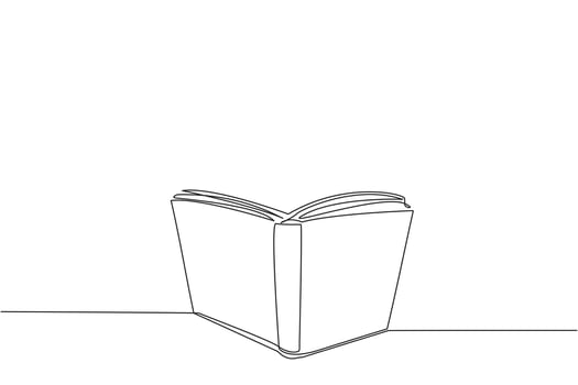 Single one line drawing the book stands open. Books on display during the book festival. Books about space. Increase knowledge. Cosmic galaxy deep space. Continuous line design graphic illustration vector