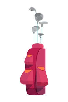Various golf clubs in pink cart bag or case with pockets isolated on white background. Stylish golfer equipment or accessories for sports outdoor activity. Colorful flat illustration. vector