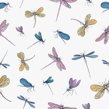 Seamless pattern with colorful hand drawn dragonflies on white background. Backdrop with elegant flying insects. illustration in vintage style for wallpaper, textile print, wrapping paper. vector
