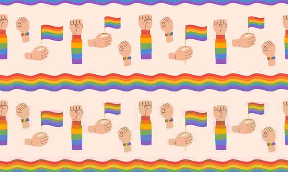 Seamless pattern with Symbol of LGBTQ pride community. Hand holding rainbow LGBT flag. Raised fist gesture. LGBT pride month. illustration vector