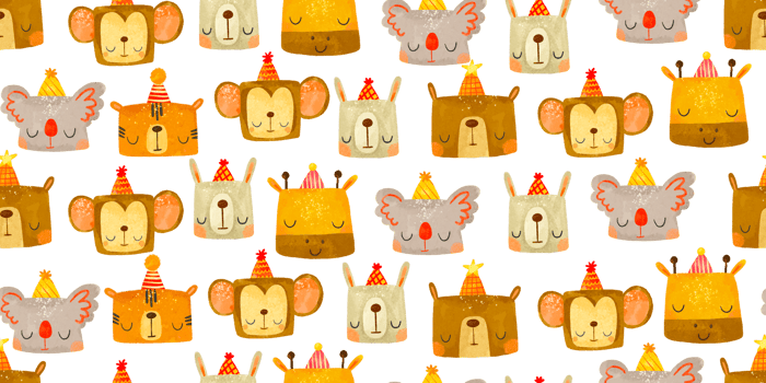 Seamless pattern with animal portraits. Cute cartoon animals celebrating a birthday. Scandinavian style. Isolated kids illustration png