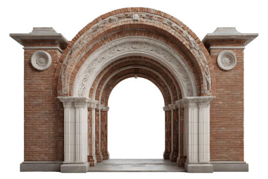 Antique brick archway, brick wall, a grand entryway, isolated on transparent background, cutout, or clipping path. png