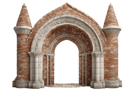Antique brick archway, brick wall, a grand entryway, isolated on transparent background, cutout, or clipping path. png