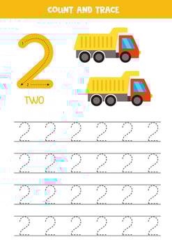 Numbers tracing practice. Writing number two. Toy trucks. vector