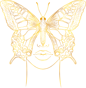 Golden butterfly covers woman's face.Hand drawn illustration. png