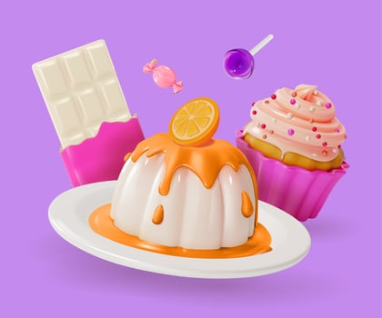 3d Floating Panna Cotta with Orange, Cupcake and Chocolate Sweet Dessert Food Cartoon vector