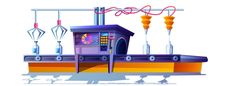 Cartoon conveyor belt with dairy products. Process of automatic pouring milk in glass bottles. Moving transporter production line on modern factory. Robotic equipment in beverage plant. vector