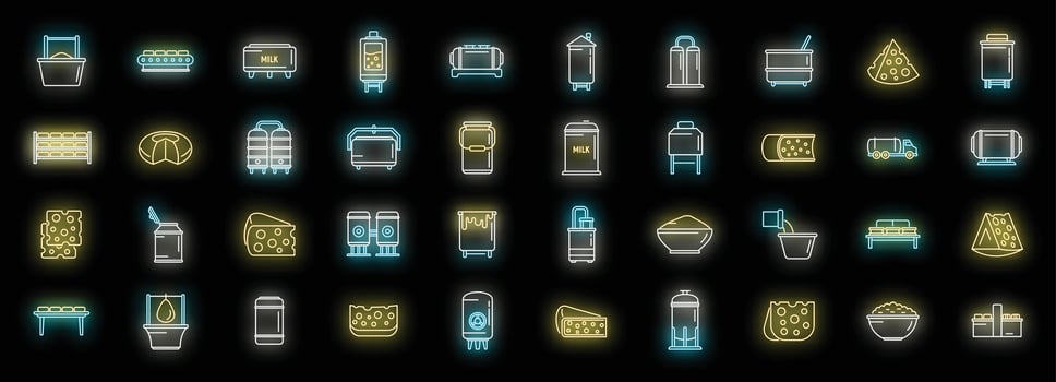Cheese production icons set neon vector