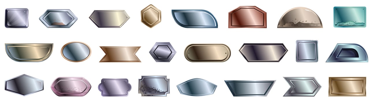 Steel metal tag plate icons set cartoon . Iron panel vector