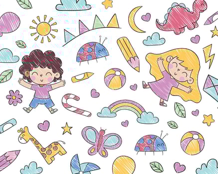 Set of hand drawn style illustration of kids drawing. vector