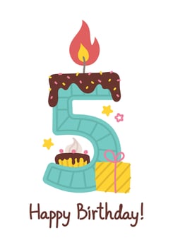 Happy birthday. Candle number, gifts, Cake, star. Five. illustration isolated on white vector