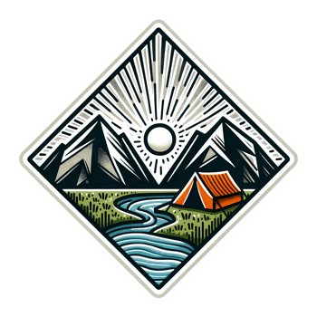 Vintage Camping Badge with Mountains, River, and Tent Illustration png