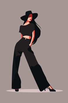 Fashion model woman with loose hair. Drawn watercolor with black dress. Beautiful young woman in fashion clothes. Sketch. vector
