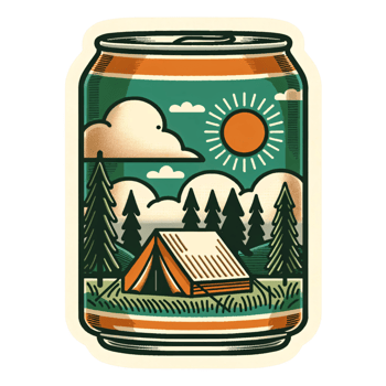 Vintage Camping Scene with Tent and Pine Trees in Can-Shaped Frame png