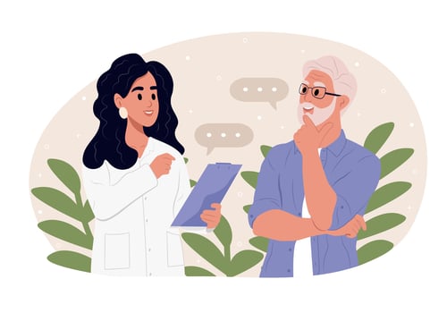 A family doctor is talking to an elderly patient. Awareness of the elderly about, Alzheimers disease, Cardiovascular diseases, Cancer, Osteoporosis, Arthritis, Parkinsons disease, Diabetes. vector