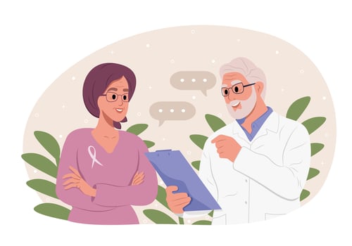 A doctor tells a patient the results of her medical tests.A doctor shows medical documentation to a cancer patient in a hospital ward. The woman is recovering after chemotherapy, she survived. vector