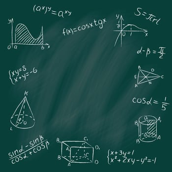 Chalk doodle math blackboard. Round design template include of mathematical figures, triangle, functions, formula, calculation, equation. Handwritten white chalked geometry signs on school chalkboard vector