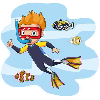 Cartoon little boy diving in underwater with tropical fish vector
