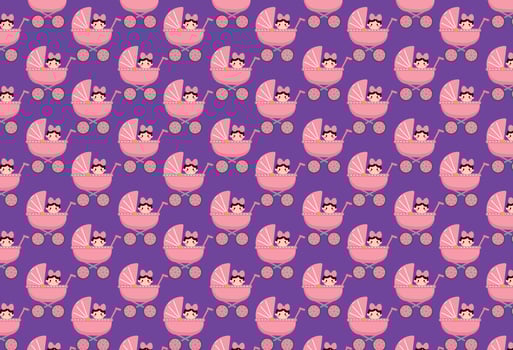 baby new born girl, in baby stroller, pattern purple and pink vector