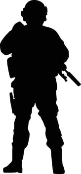 Silhouette of full armor soldier. Military men wearing uniform illustration. Army pose using riffle weapon vector