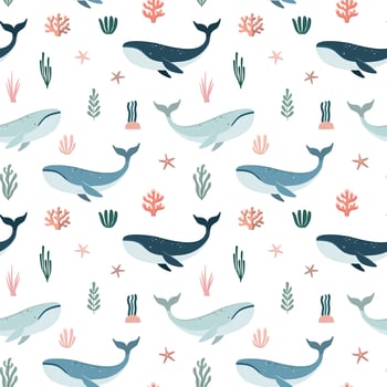 Whales seamless pattern. Cartoon style illustration. Perfect for invitations, greeting cards, wrapping paper, posters, fabric print. vector