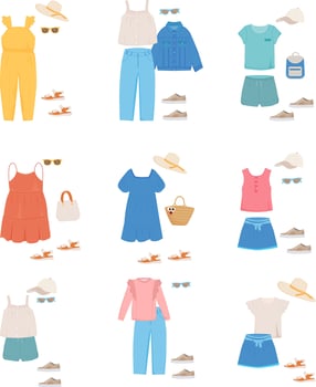 Set of summer outfits for girls. Casual clothes. Girls garments for summer. Apparel, shoes and accessories. Basic tops, skirt, shorts, shoes, dresses, t-shirts. vector