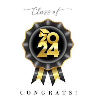 Class of 2024 congrats. Cute graduating banner concept with 3D graphic style black rosette and shiny golden elements. Creative badge. School awards design. Rewards ribbon template. Educational poster. vector