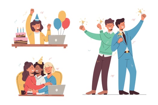 People celebrating a birthday or other holiday in the office. Cheerful men and women at work, at their desk. Set of isolated flat illustrations. vector