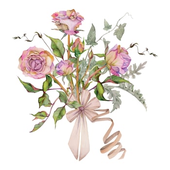 Hand drawn watercolor illustration shabby boho botanical flowers leaves. Dusty pink tea rose, ivy tendrils, silver cineraria with bow tie. Bouquet isolated white background. Design wedding, love cards vector