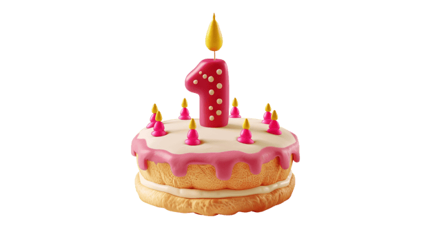 3d cartoon birthday cake with candle in shape of number one on Transparent Background, Format png