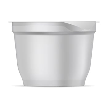 Small round white matte plastic pot with foil cover for yogurt, cream, dessert or jam. Realistic packaging mockup template. 3d illustration. vector