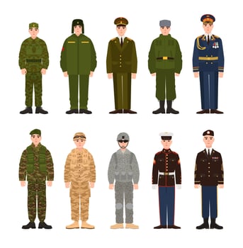 Collection of Russian and American military people or personnel dressed in various uniform. Bundle of soldiers of Russia and USA. Set of flat cartoon characters. Modern colorful illustration. vector